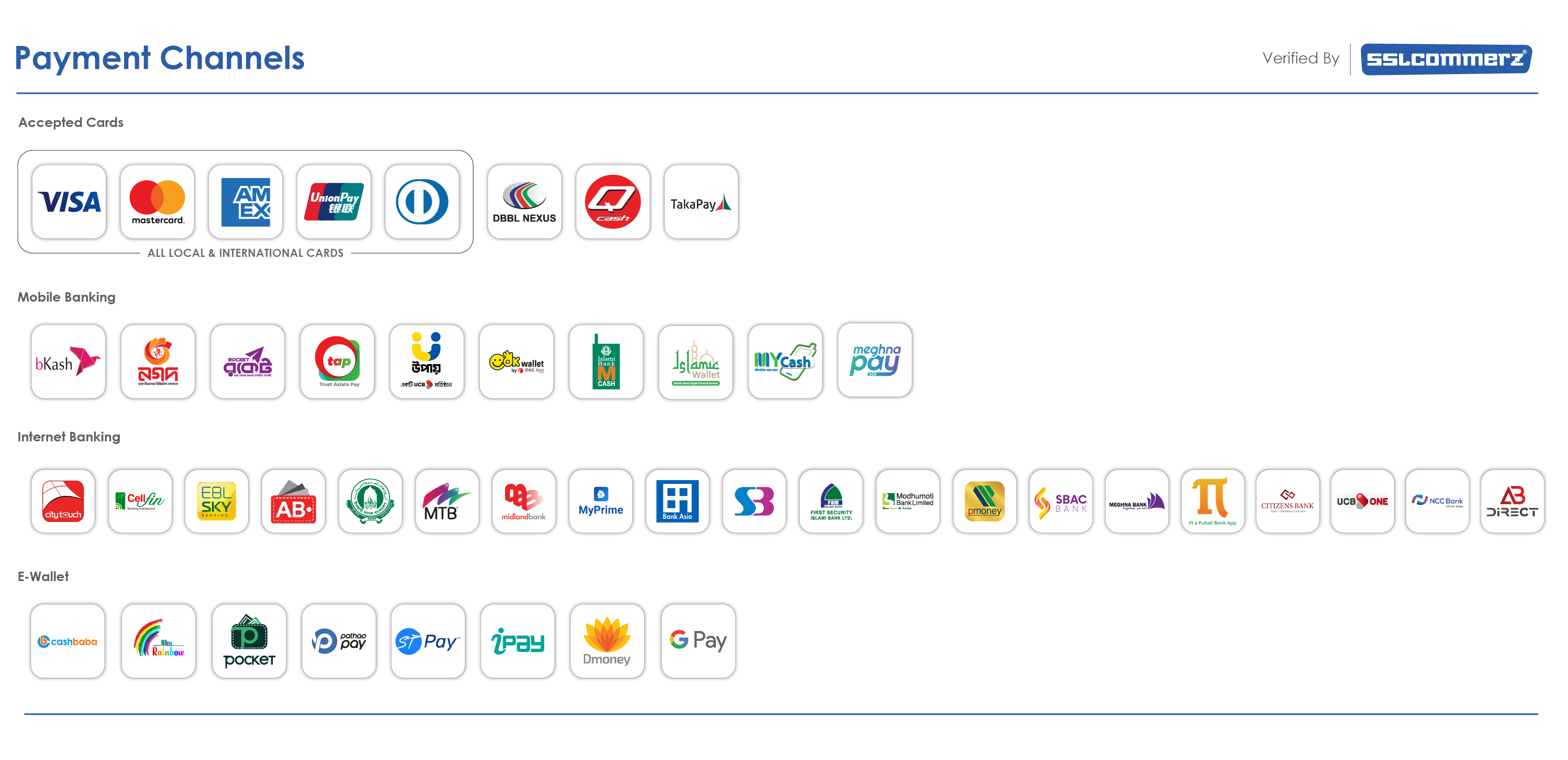 Accepted payment methods: Visa, Mastercard, AMEX, UnionPay, bKash, Trust Axiata Pay, and more.